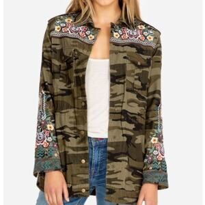 Johnny Was Size Petite Medium Raquel Camo Embroidered Military Drawstring Coat